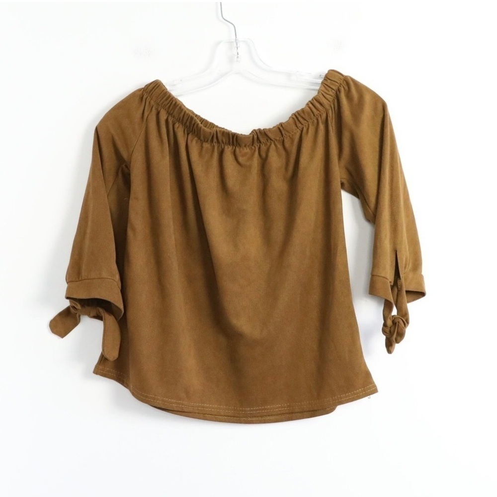 Faux suede off the shoulder boho top brown 3/4 sleeves XS summer casual blouse - Picture 3 of 4